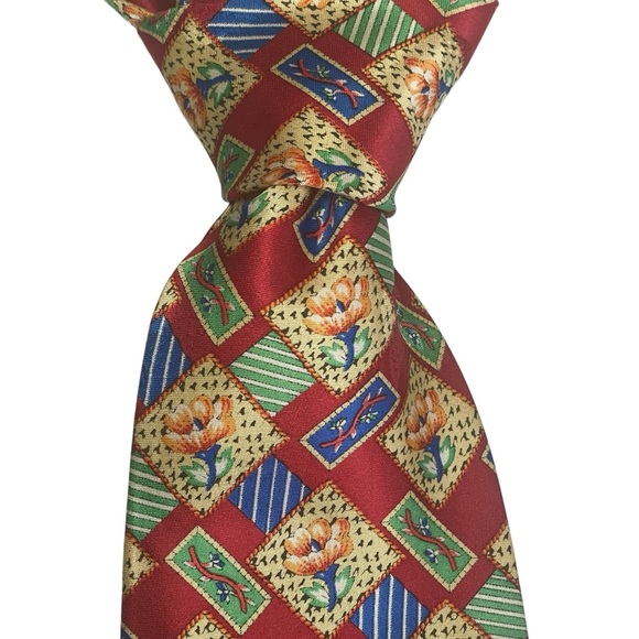 Tianlei 100% Silk Neck Tie Red Patchwork Floral Flower Spring Office Business - Picture 1 of 8